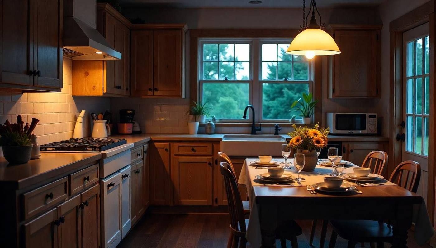 Acogedora cocina con armarios de madera, mesa iluminada y ventana con vistas al atardecer.