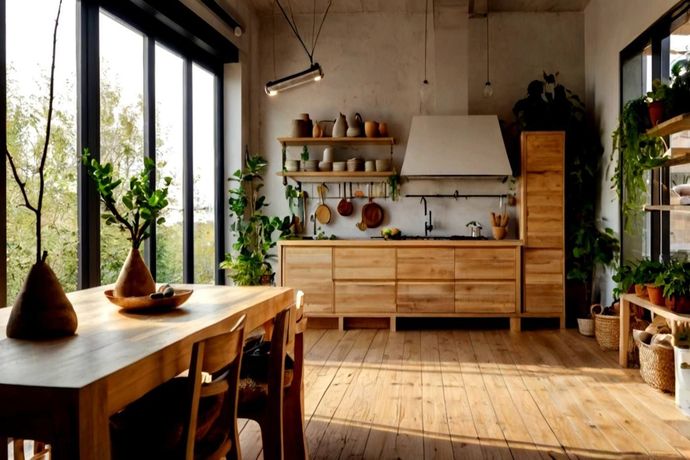 Cocina rústica y luminosa con armarios de madera, estantes abiertos, plantas y una gran mesa de comedor con ventana.