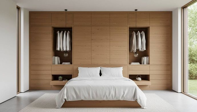 Dormitorio moderno con una pared decorativa de madera, armarios empotrados y una cama bien hecha.