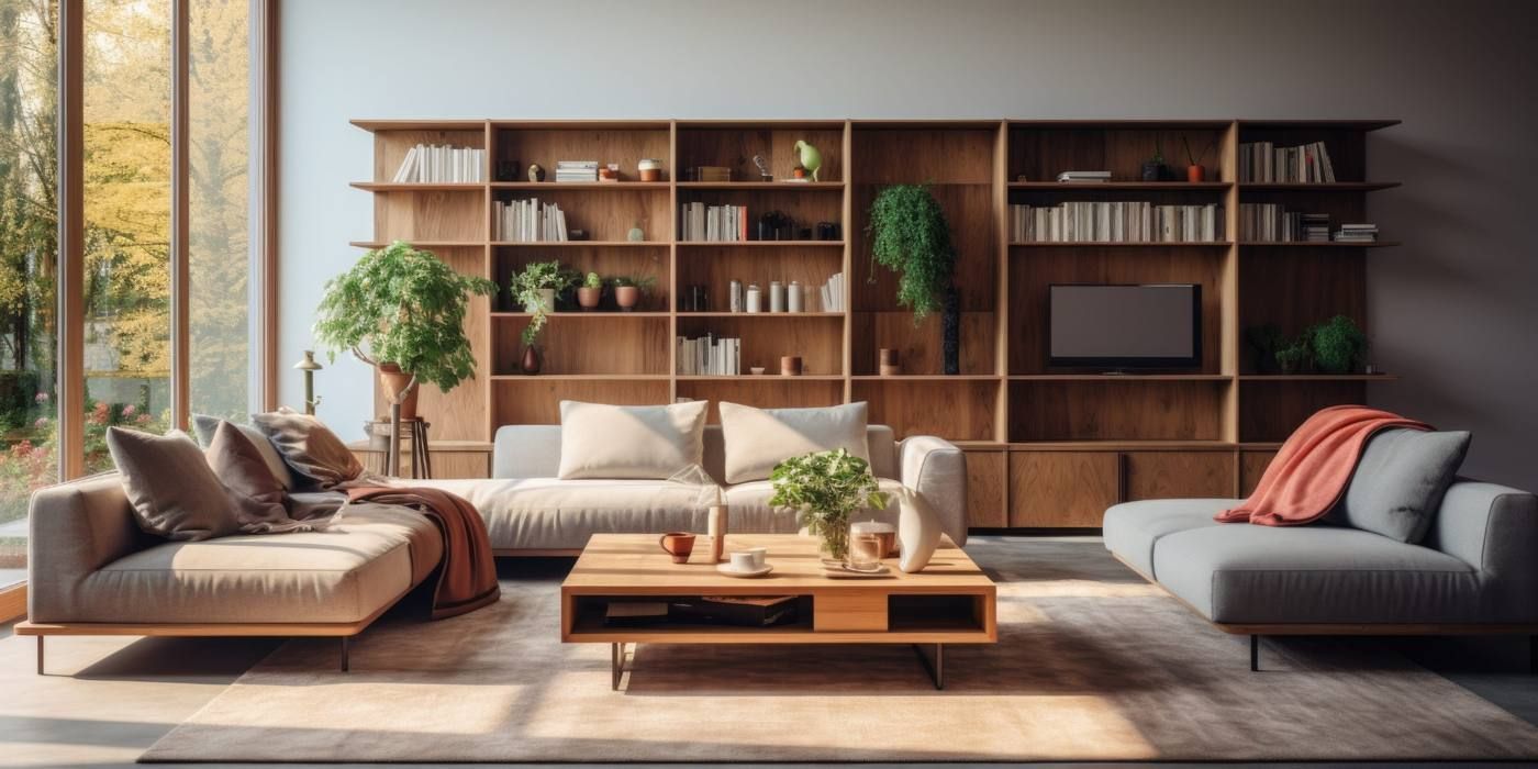 Sala de estar moderna con sofás beige y grises, estanterías de madera, mesa de centro y luz natural cálida.
