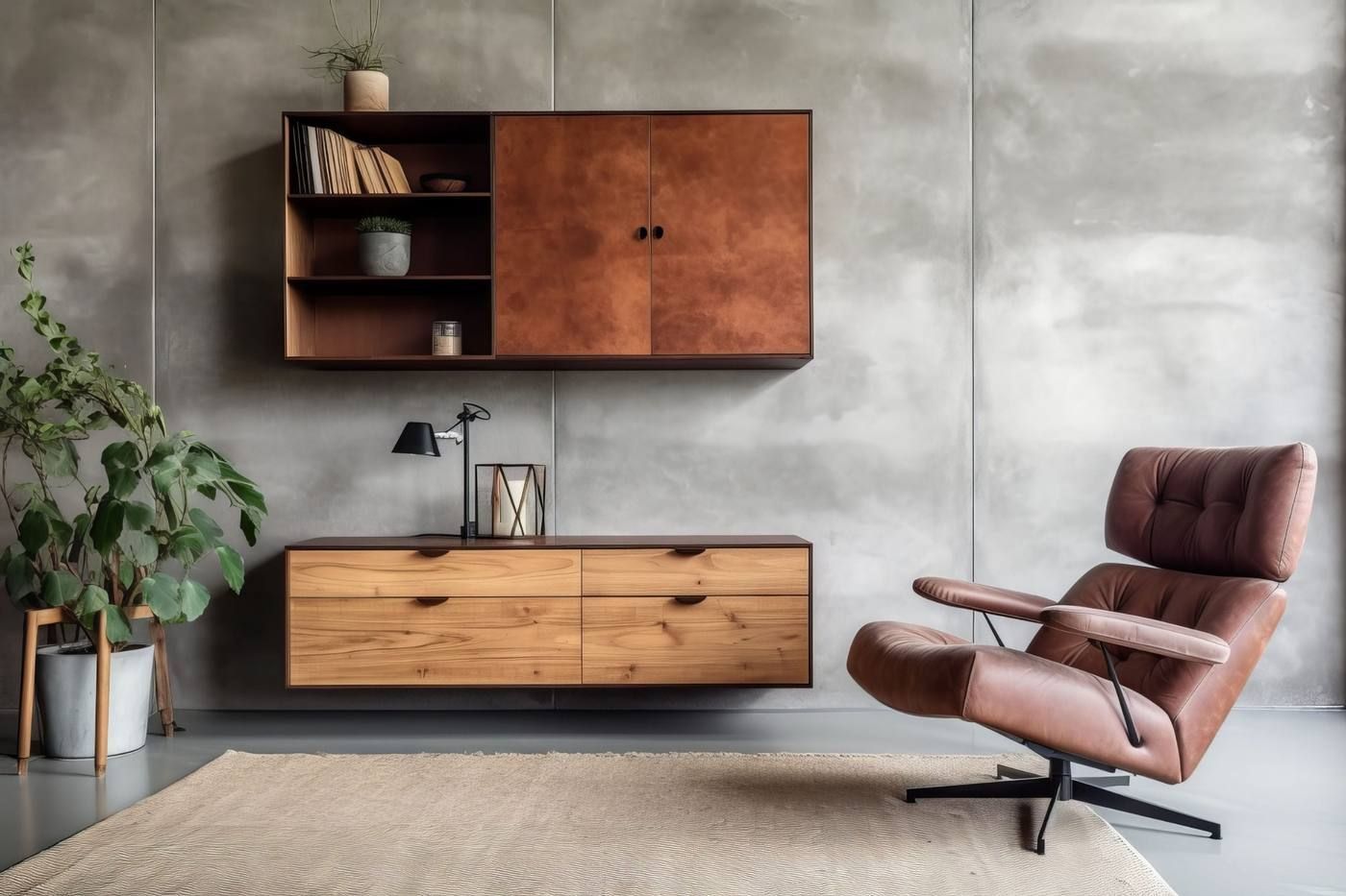 Sala de estar moderna con armarios de madera montados en la pared, una planta y un sillón rosa sobre una pared.