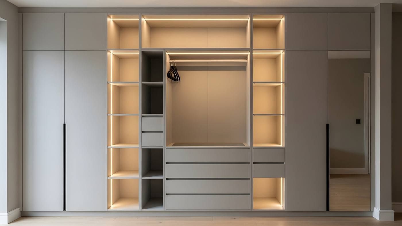 Armario empotrado moderno con estantes y cajones retroiluminados en una habitación minimalista.
