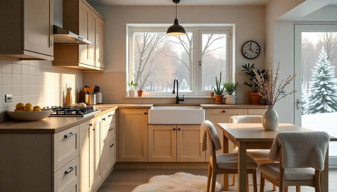 Cocina luminosa con armarios de madera, mesa de comedor, grandes ventanales y vistas a la nieve en el exterior.