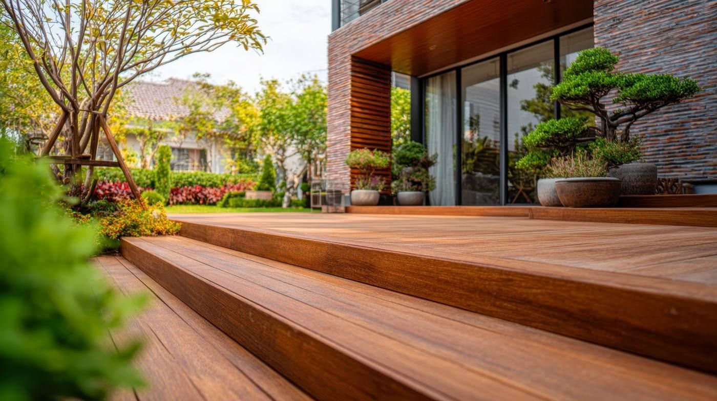 Terraza de madera con escalones que conducen a un patio moderno y a un jardín con vegetación.