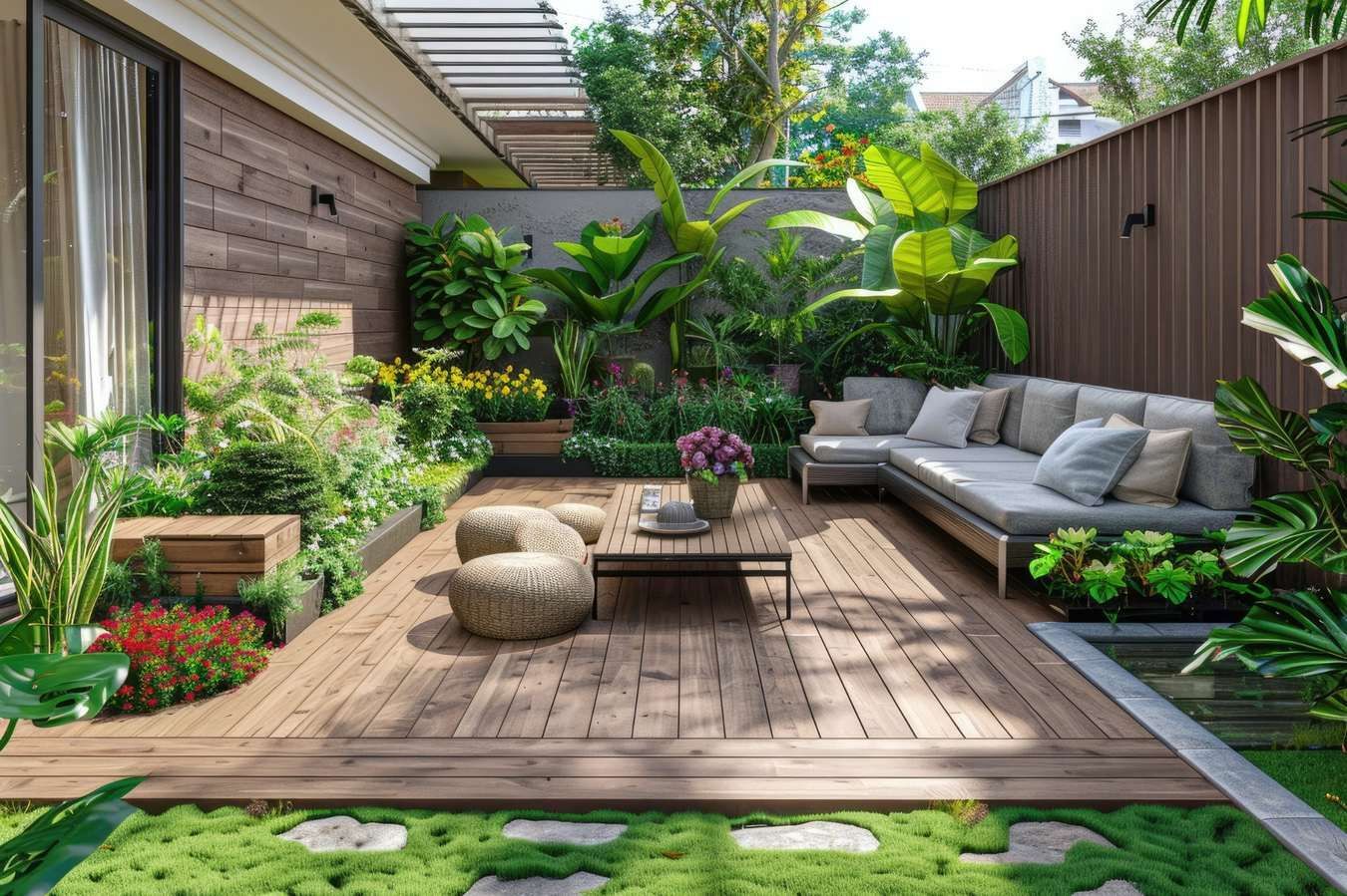 Patio trasero moderno con terraza de madera, tumbona, cojines, plantas en macetas y exuberante vegetación.