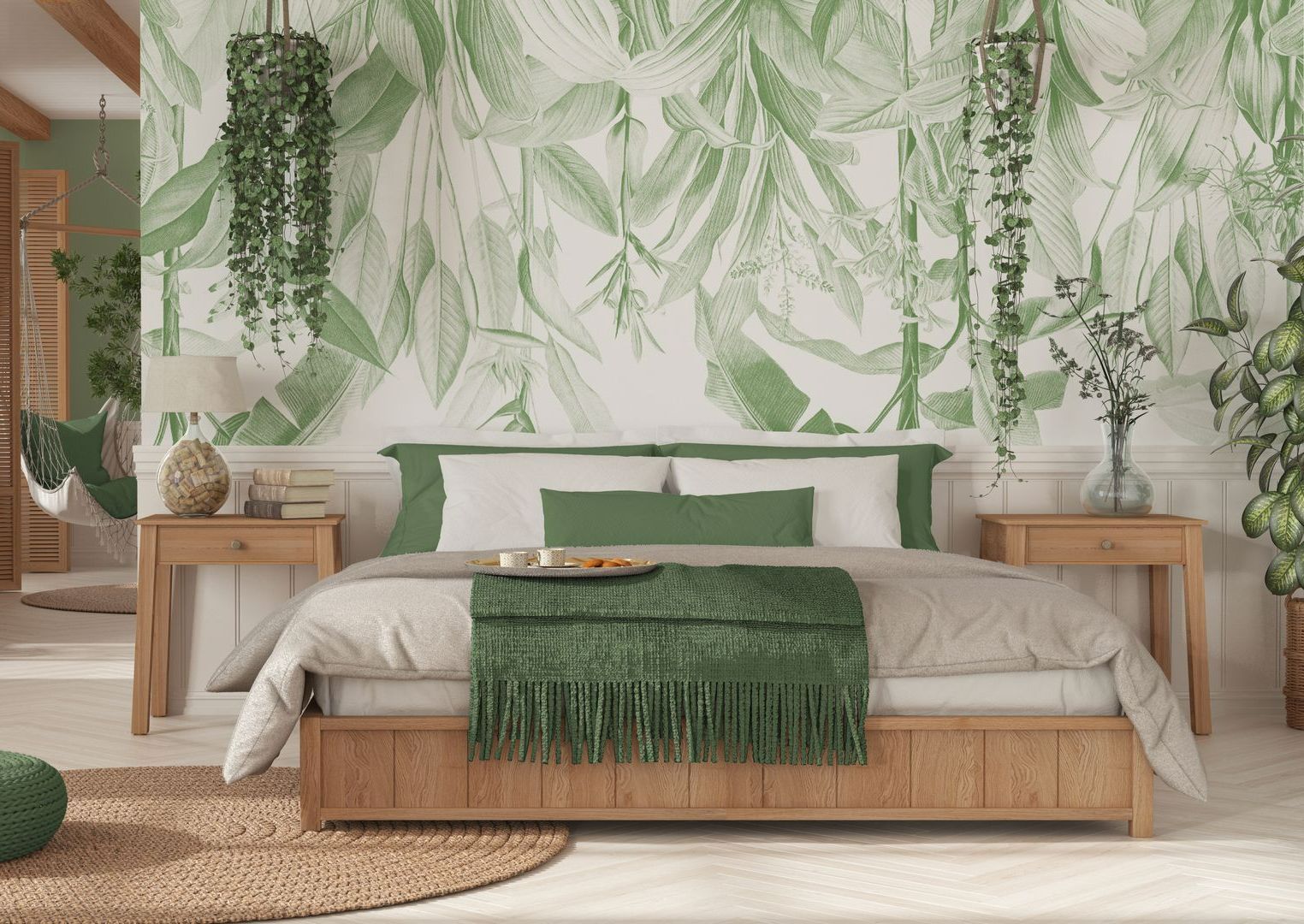 Un mur en papier peint derrière un lit