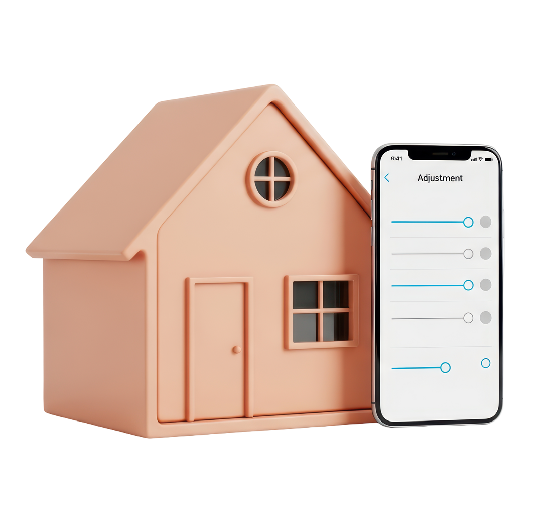 Maison rose à côté d'un smartphone avec des curseurs de contrôle, illustrant la technologie de la maison intelligente.
