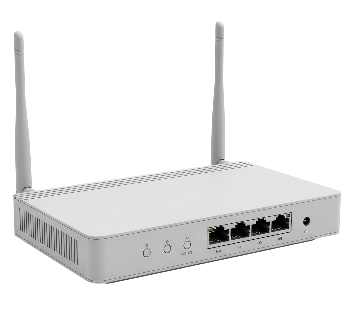 Routeur sans fil blanc avec deux antennes, plusieurs ports Ethernet et voyants lumineux.