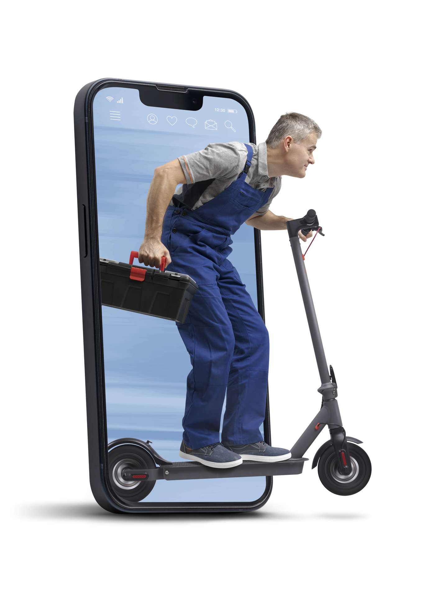 Un homme en salopette bleue sur un scooter sort de l'écran du téléphone, portant une boîte à outils.