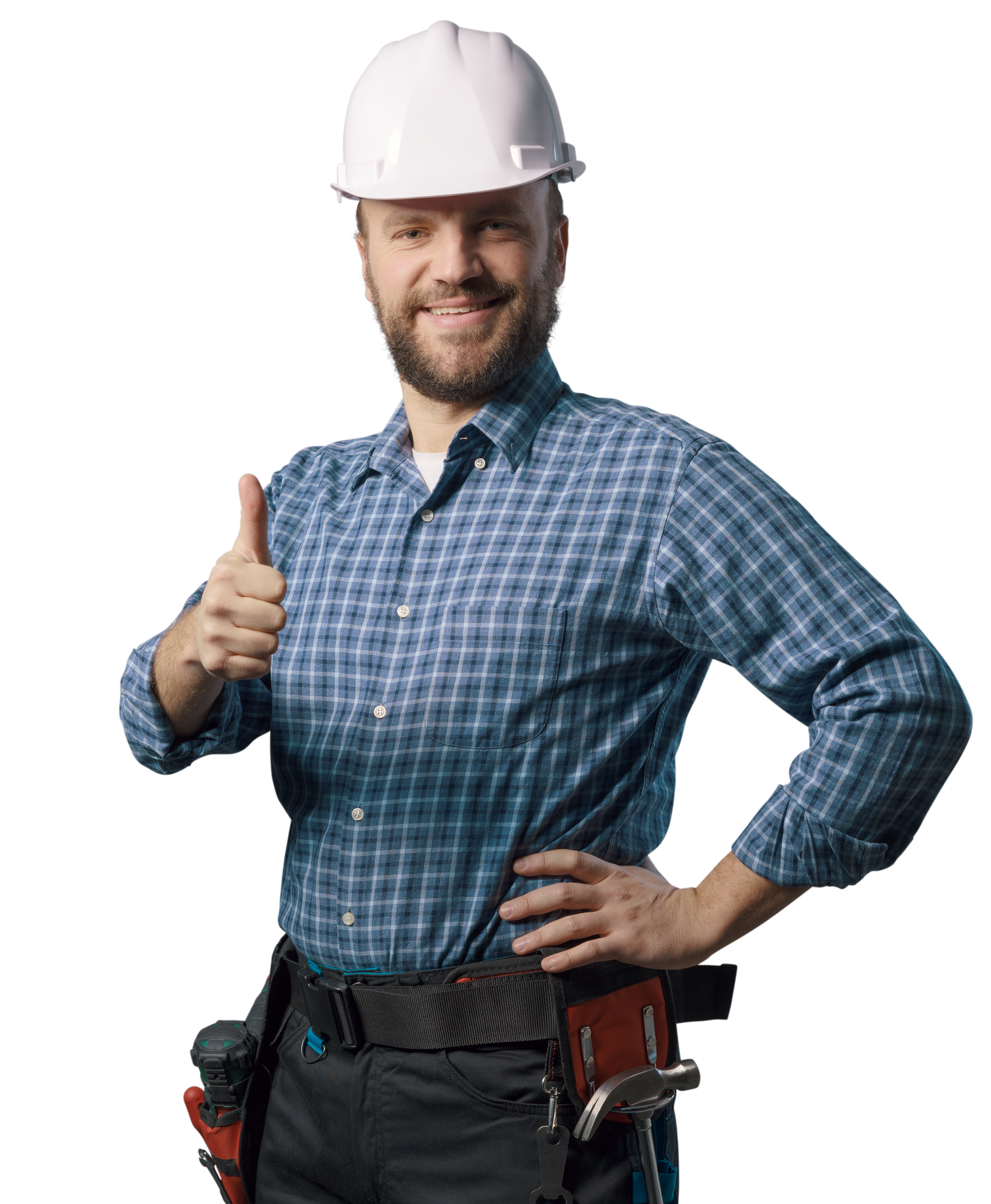 Ouvrier du bâtiment avec un casque blanc et une chemise à carreaux bleue, levant le pouce.