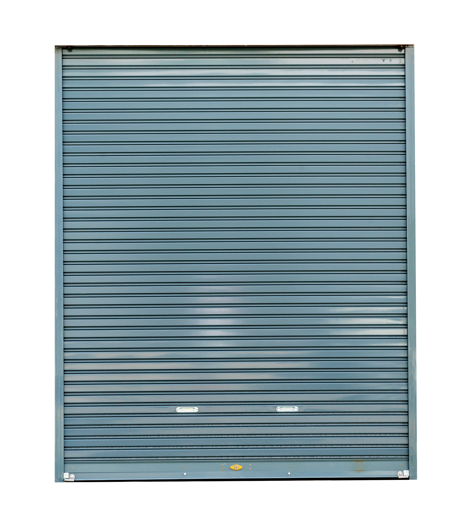 Porte de sécurité enroulable en métal bleu, fermée.