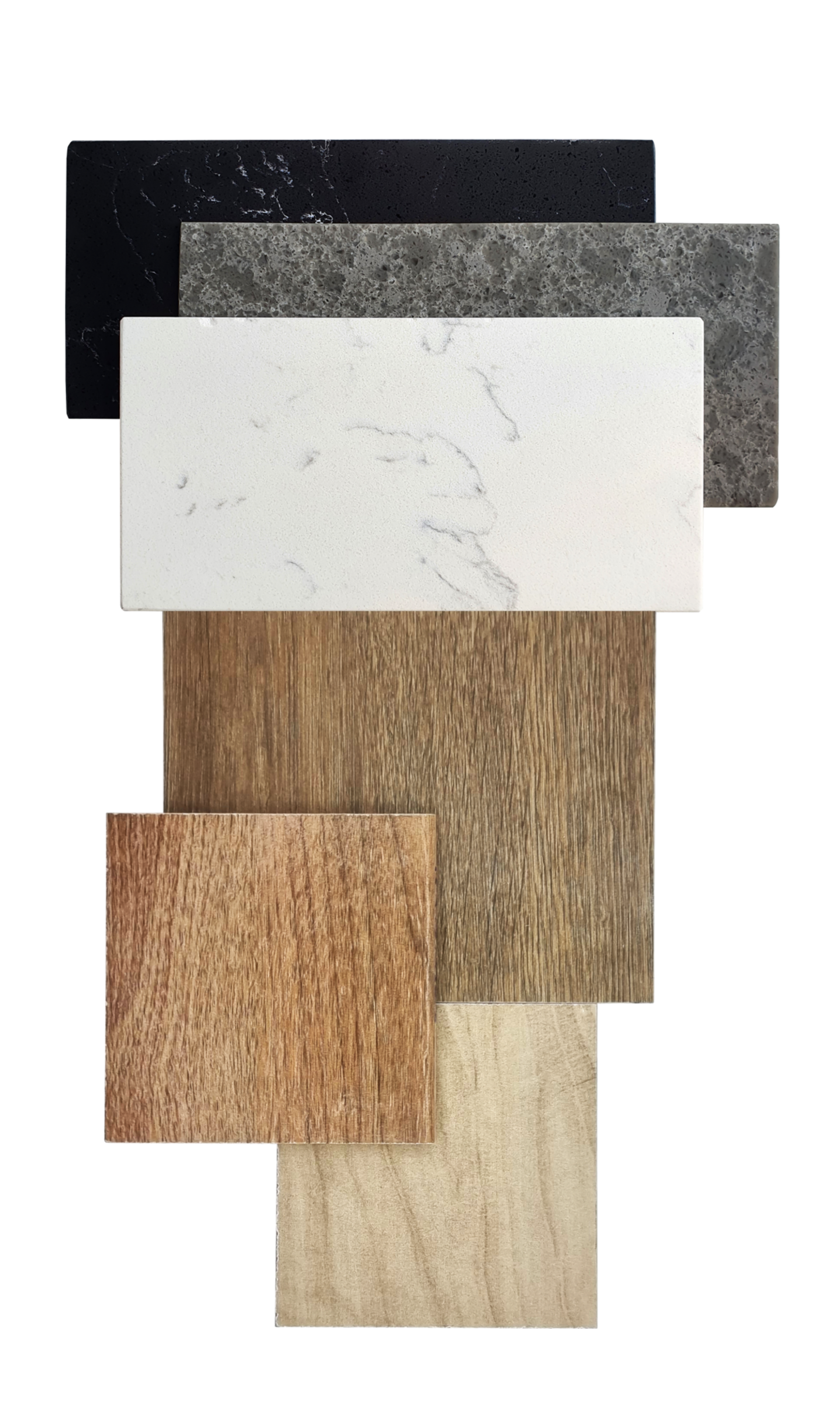 Échantillons de matériaux : pierre mouchetée noire, grise, blanche et divers tons de bois.