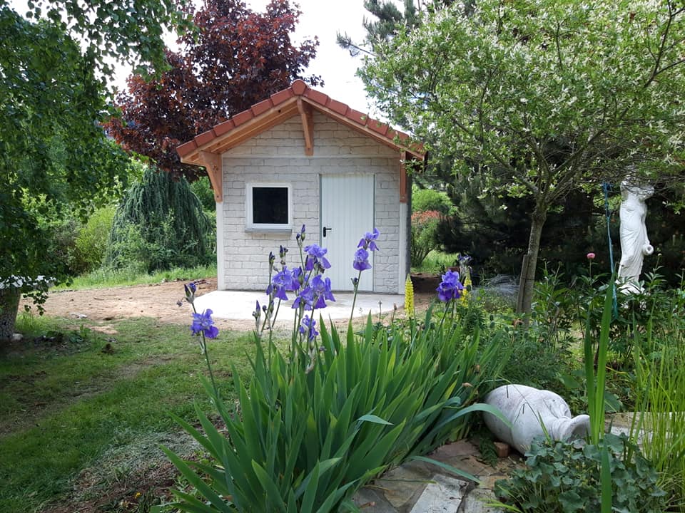 Abri de jardin avec fleurs violettes