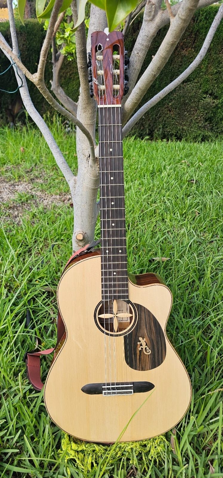Una guitarra acústica está sentada en el césped al lado de un árbol.