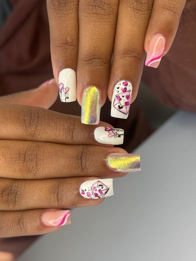Un primer plano de las uñas de una persona con corazones en ellas.