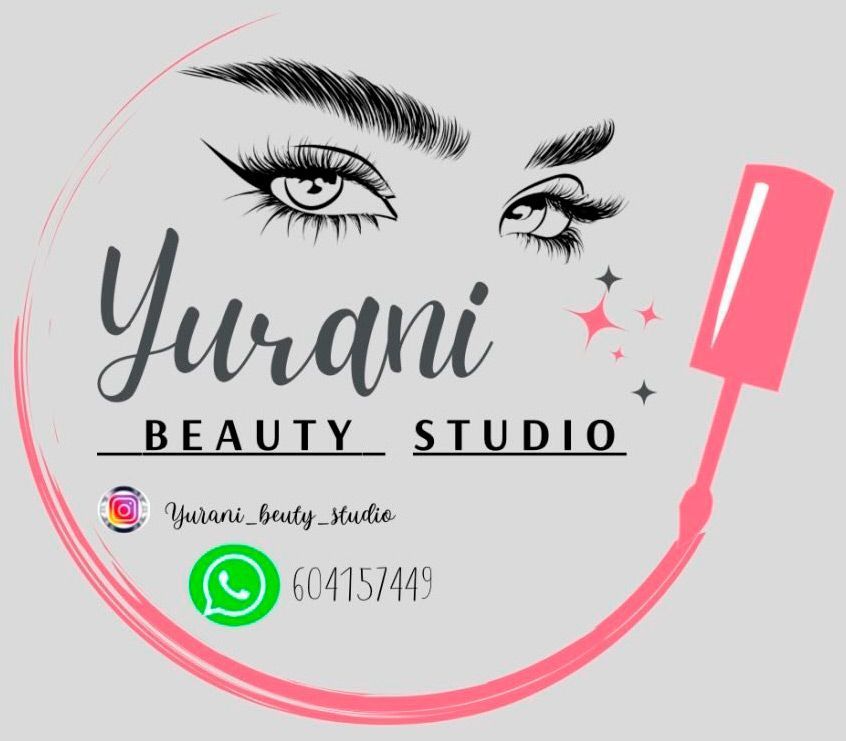 Un logotipo para el estudio de belleza Yurani muestra los ojos de una mujer y un pincel de esmalte de uñas.