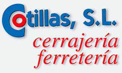 A blue and red logo for cotillas s.l. cerrajeria ferreteria