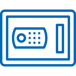 Un icono azul y blanco de una caja fuerte con control remoto.