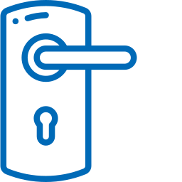 Un dibujo de línea azul de una manija de puerta con una cerradura.
