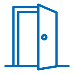 Un dibujo de línea azul de una puerta abierta con un pomo.