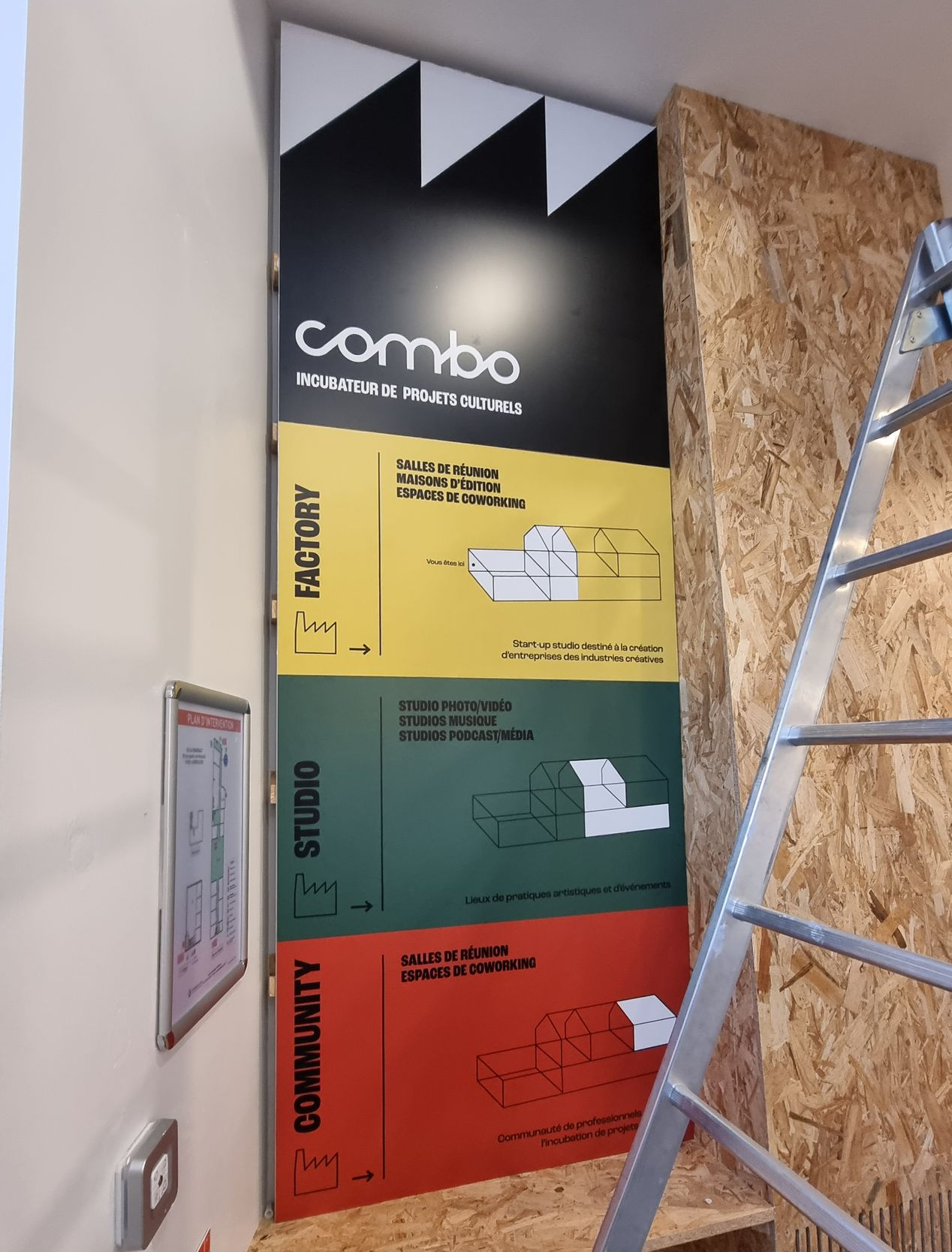 Panneau à sections noires, jaunes, vertes et rouges. Logo « Combo » avec plan graphique de l'usine.