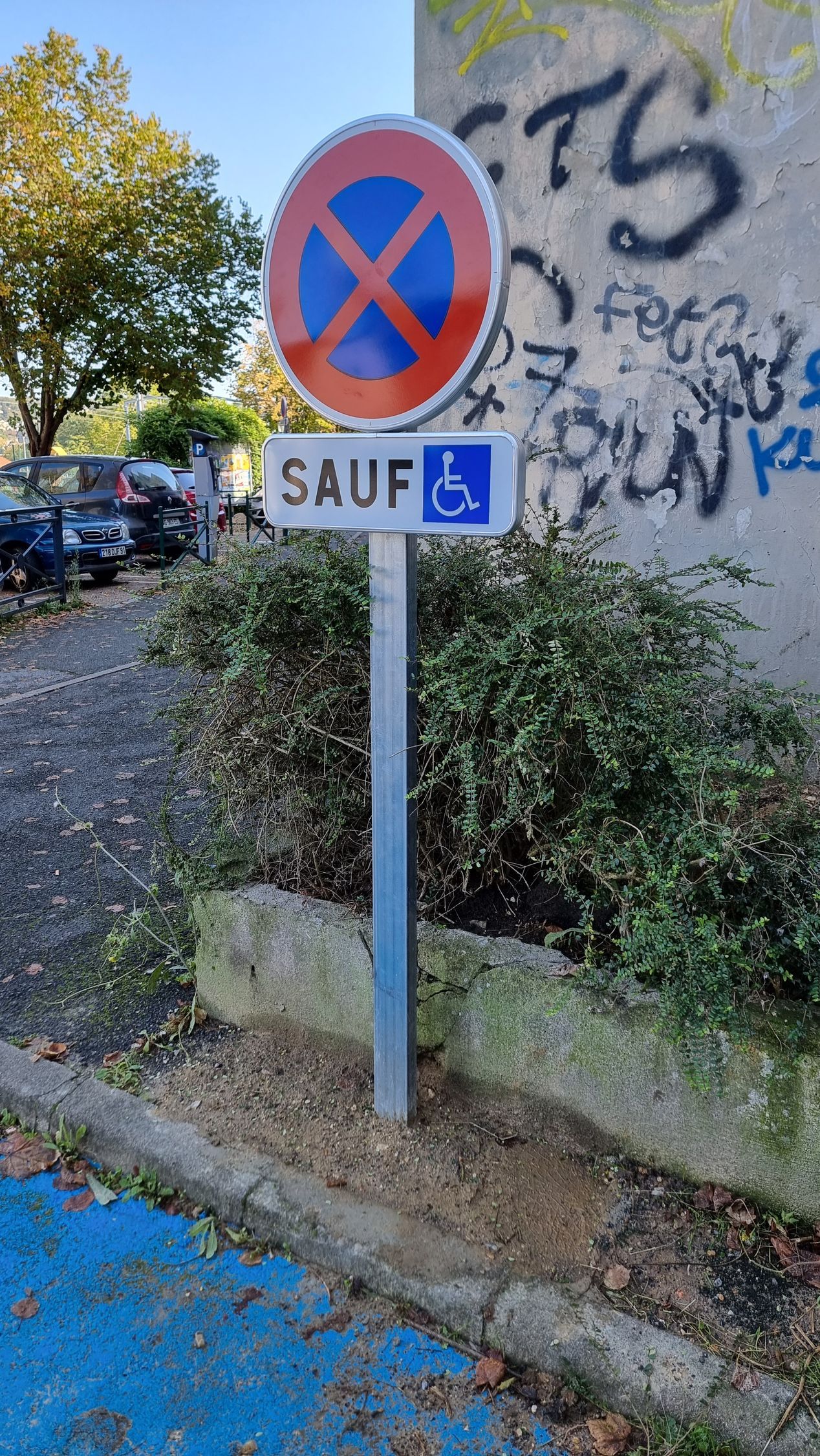 Panneau Stationnement interdit, sauf pour les places réservées aux personnes handicapées.