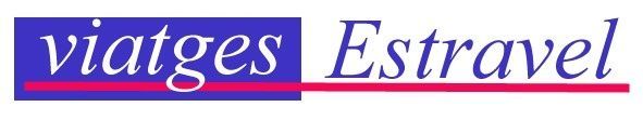 Logotip de Viatges Estravel amb text blanc sobre una barra blava i rosa.