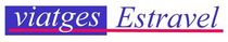 Logotip de Viatges Estravel amb text blanc sobre una barra blava i rosa.