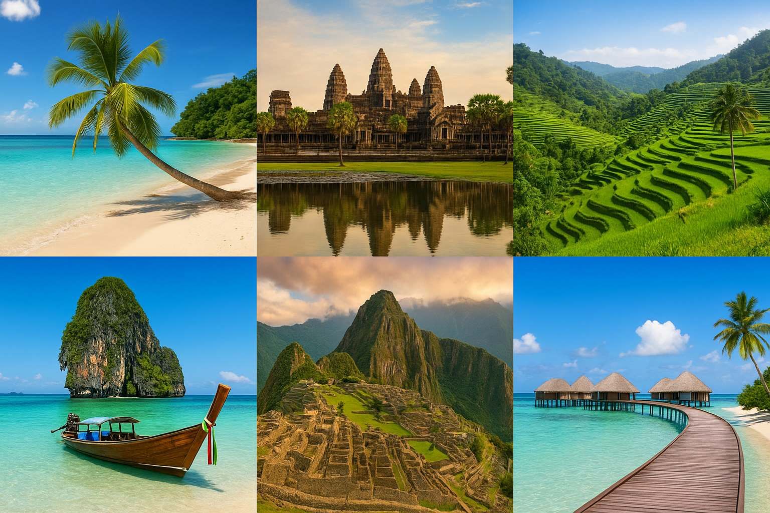 Escenes de platja tropical, temple antic, terrasses d'arròs, formacions rocoses, ruïnes de muntanya.