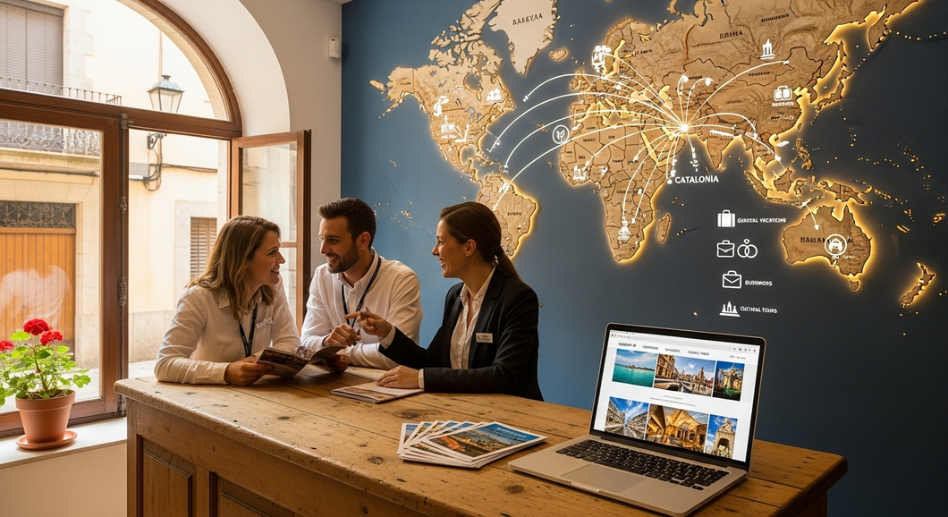 Gent fent assessorament en una agència de viatges. Un mapamundi de fusta està il·luminat a la paret.