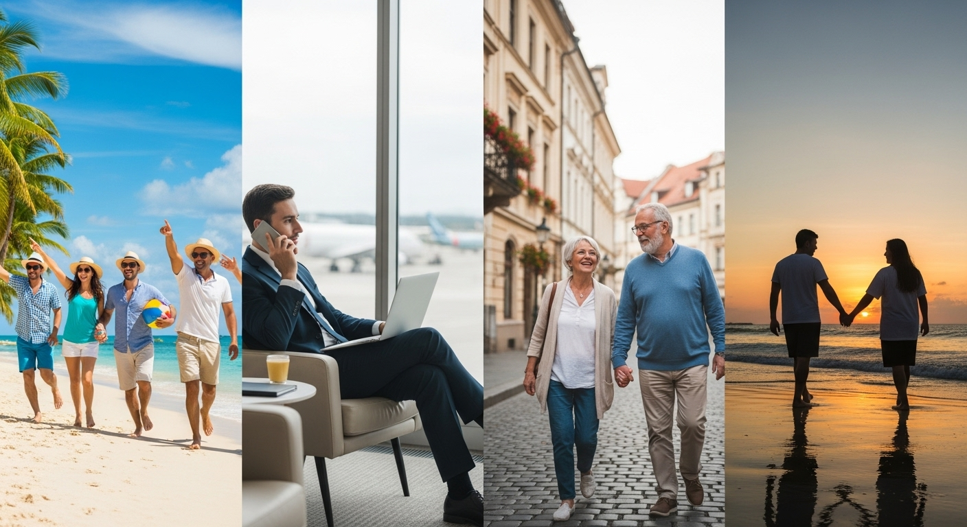 Grup d'amics a la platja, home de negocis a l'aeroport, parella de gent gran passejant i parella a la posta de sol.