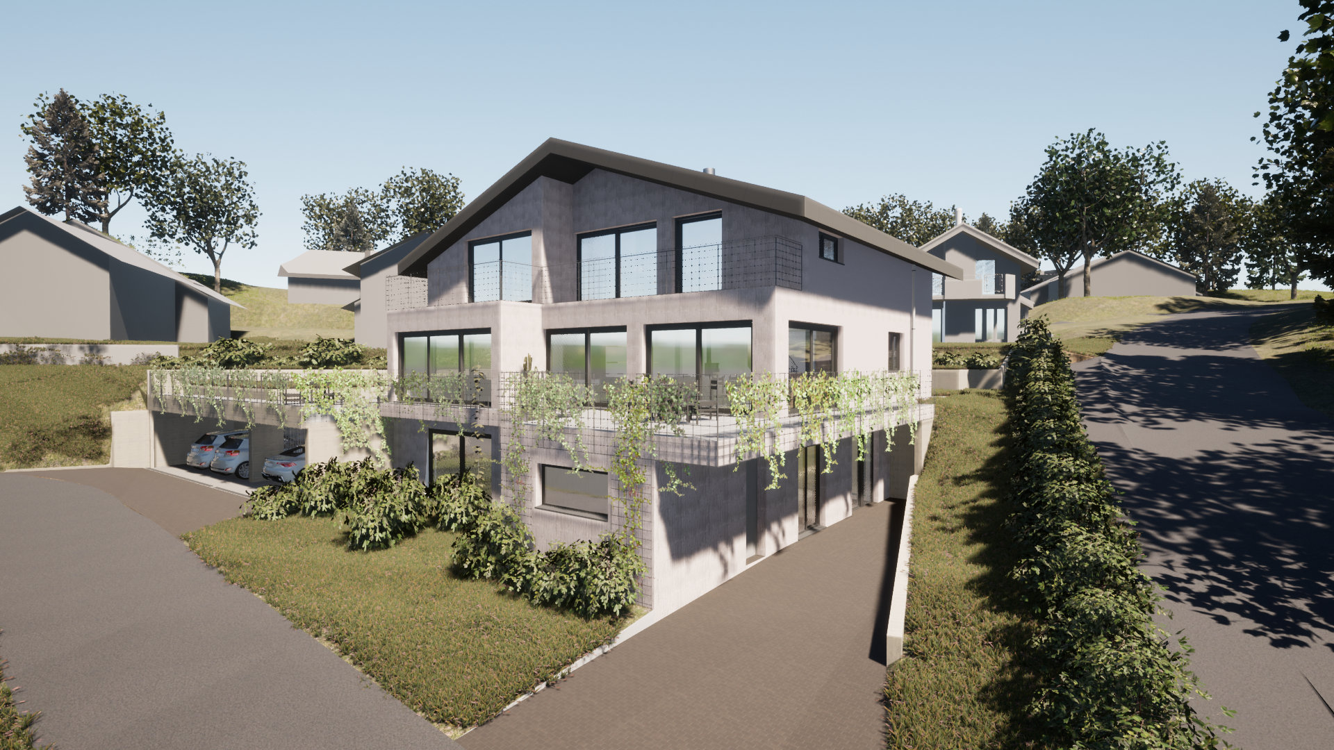 Modernes zweistöckiges Haus mit Schrägdach, Terrasse und angelegtem Garten an einem sonnigen Hang