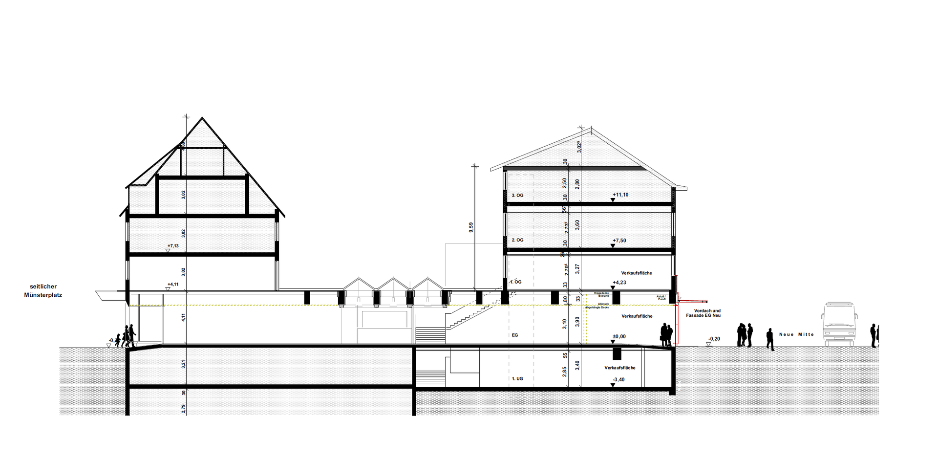 Architektonische Schnittzeichnung eines Gebäudes mit zwei Türmen, Treppenaufgängen und Geländefiguren entlang des Sockels.