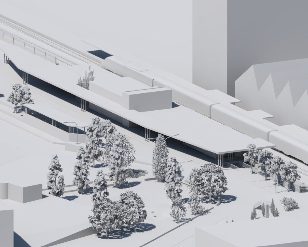Monochromes Architekturmodell eines modernen Gebäudes in einer verschneiten Landschaft mit vereinzelten Bäumen