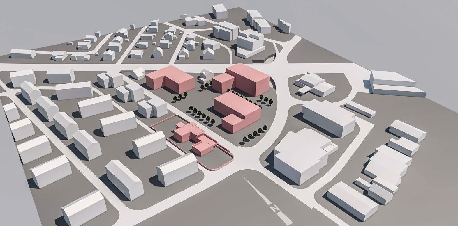 3D-Lageplan eines Viertels mit rosafarbenen Gebäuden inmitten weisser Häuser und Strassen