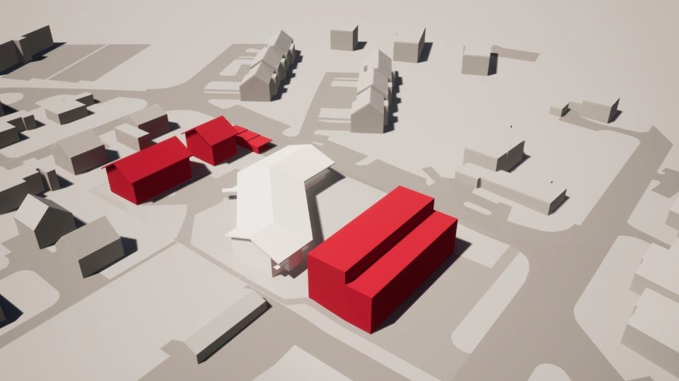 3D-Geländemodell mit roten Bausteinen auf hellgrauem Stadtgrundriss
