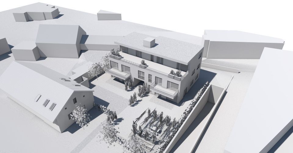 3D-Architekturvisualisierung eines modernen Gebäudekomplexes mit zentralem Innenhof und umliegenden Gebäuden