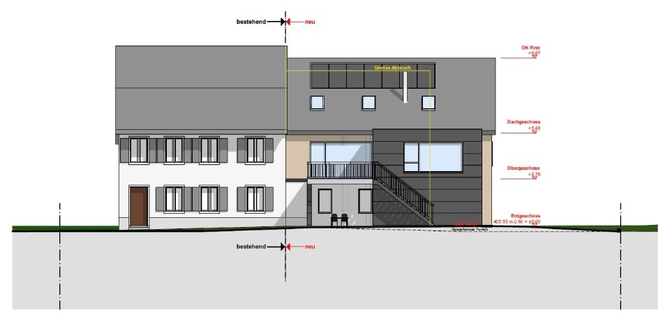 Architektonische Ansichtszeichnung eines zweistöckigen modernen Gebäudes mit beschrifteten Massen und einem Treppenhaus an der Vorderseite.