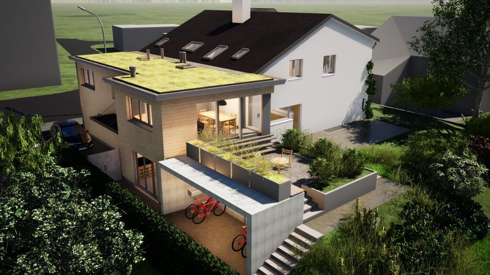 Modernes Hausäusseres mit Dachterrasse, Aussentreppe und Fahrrädern unter einer überdachten Terrasse