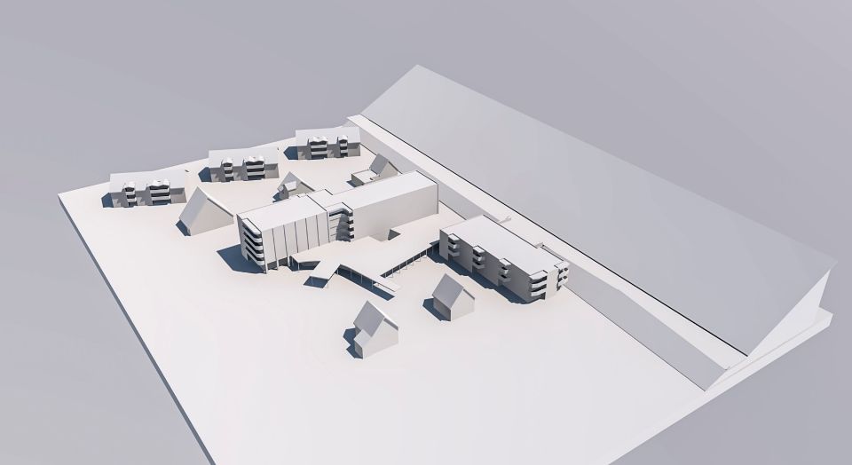 Weisses Architekturmodell eines modernen Gebäudekomplexes mit umgebenden Gebäuden auf einem Sockel