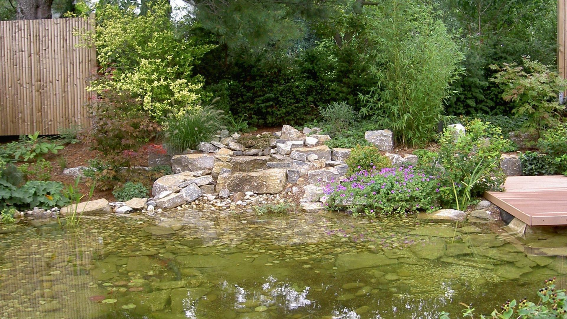 ein Teich im Garten mit einem Holzsteg und einem Wasserfall