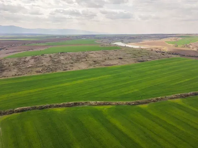 Una vista aérea de un campo verde con un río al fondo.
