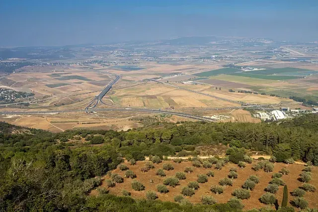 Una vista aérea de un valle con árboles y campos.