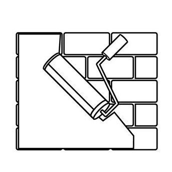Un dibujo en blanco y negro de una pared de ladrillos con una paleta.