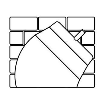 Un dibujo en blanco y negro de una pared de ladrillos con un balde de cemento.