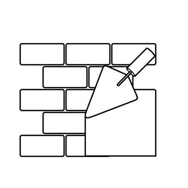 Un dibujo en blanco y negro de una pared de ladrillos con una paleta.