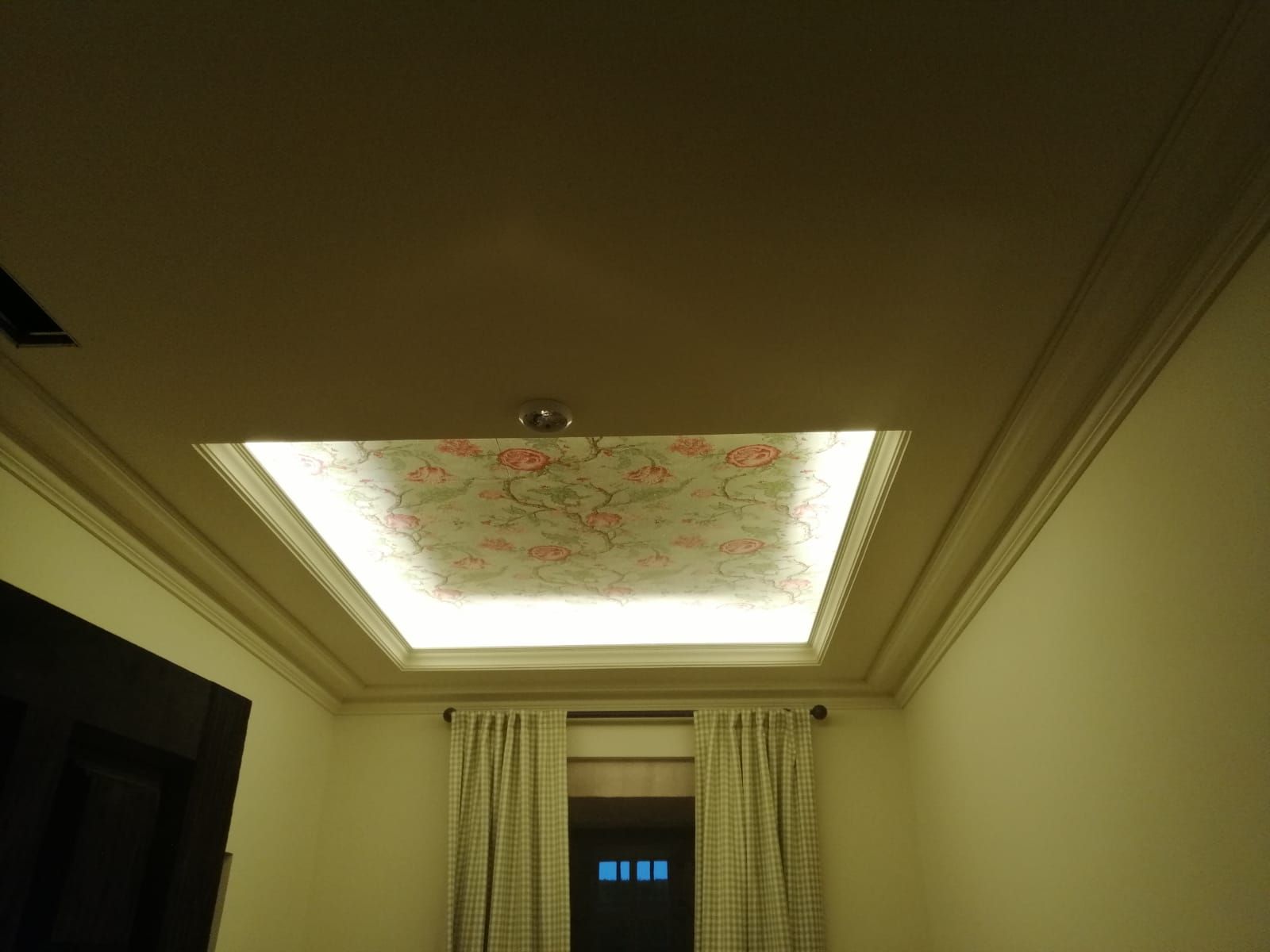 Una habitación con un techo que tiene un diseño floral.