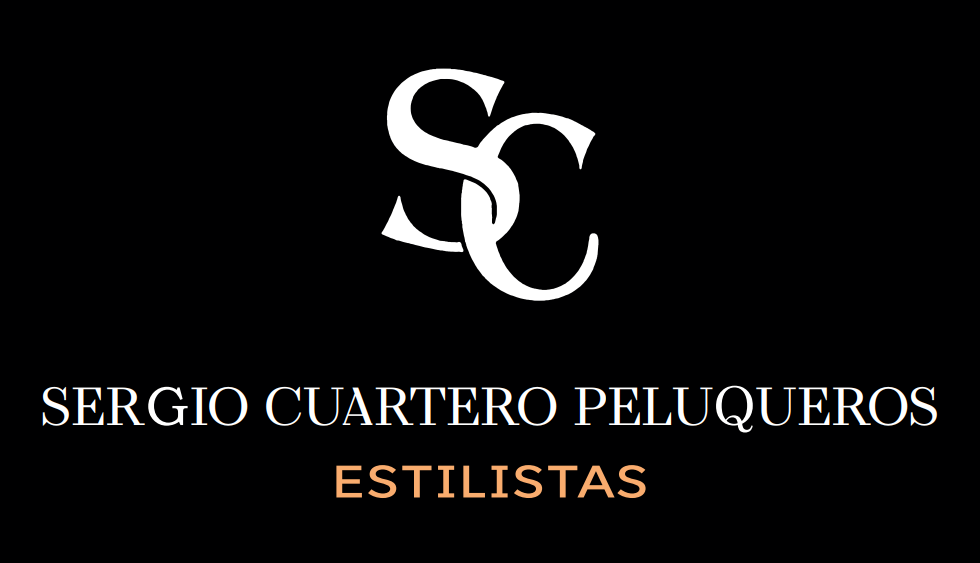 Logotipo de "Sergio Cuartero Peluqueros Estilistas" con el monograma "SC" en blanco sobre el texto, sobre un fondo negro.