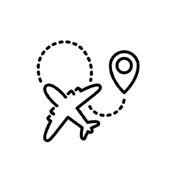 Un dibujo lineal de un avión volando alrededor de un alfiler en el mapa.