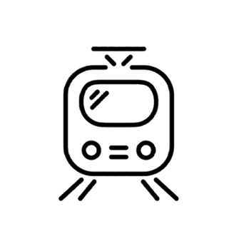 Un icono en blanco y negro de un tren sobre un fondo blanco.